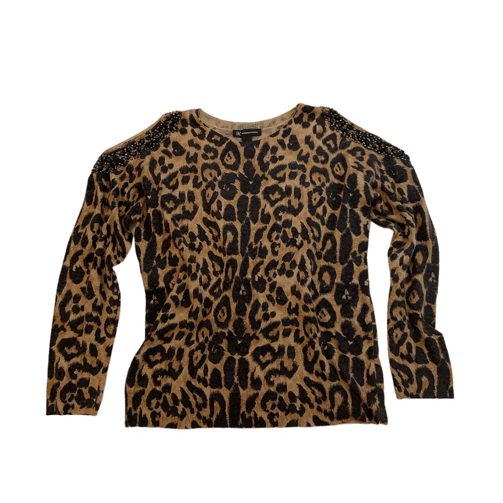 Leopard Print Crewneck Sweater with Embellished Shoulders
